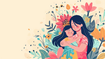 Mother's Day Celebration, Mom Hugging Daughter with Flowers