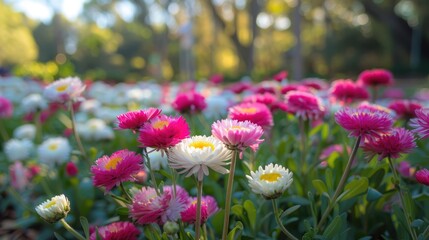Capturing the pink and white blooming Bellis perennis in the park