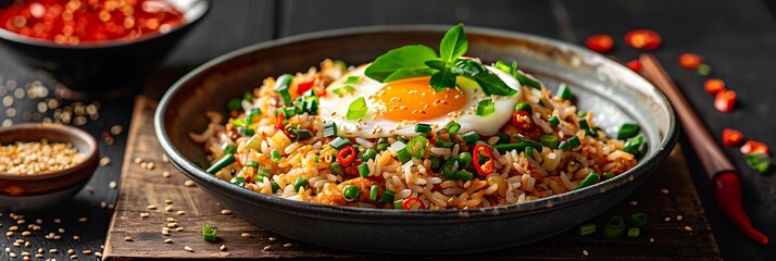 Indonesian Nasi Goreng with Halal Chicken, fresh foods in minimal style