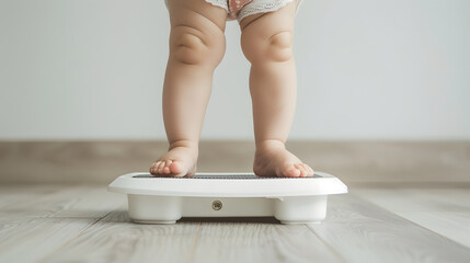 Baby girl with barefoot standing on weight scales on wooden floor at light gray wall background Closeup Front view Care about body Weight control concept : Generative AI