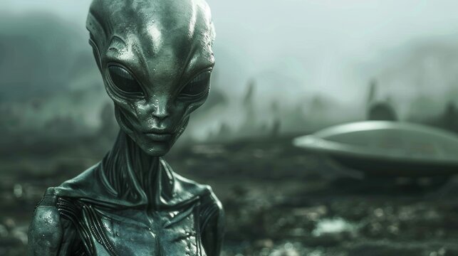 Mysterious alien encounter in misty terrain
