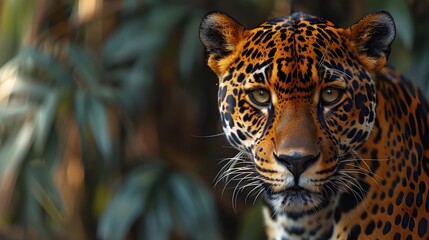 Obraz premium Close up of cool Jaguar in Amazon rain forest, beautiful animal front view, 3d rendering digital art, contemporary modern art deco of wildlife wallpaper. Creative animal concept banner background.