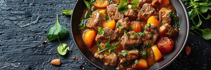 Lamb Tagine with Apricots and Almonds, fresh foods in minimal style