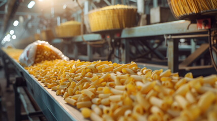 Fototapeta premium Fresh Corn Harvest on Conveyor Belt in Bustling Pasta Factory