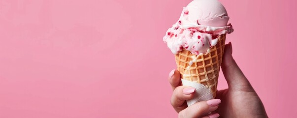A person is holding a half-eaten ice cream cone with a waffle cone banner