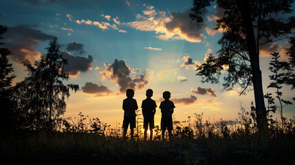 Fototapeta premium Black shadow silhouette of three kids in the forest standing together on a sunset sky and trees background Friendship and adventure memories concept photo : Generative AI