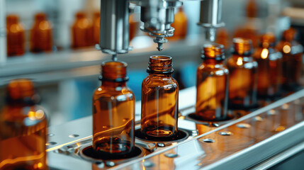 Pharmaceutical Manufacturing, Automated Machine Producing Glass Bottles on Production Line