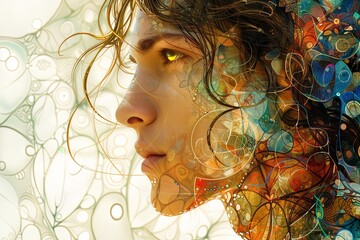 Gold-Eyed Long-Haired Boy - Professional Digital Painting Surrounded by Colorful Shapes and Patterns