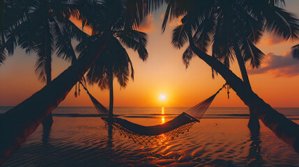 Beautiful silhouette of hammock on palm trees on tropical beach paradise at sunset Carefree freedom concept summer nature exotic shore coast Tranquil travel landscape Enjoy life positi : Generative AI