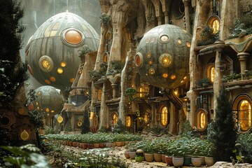 Obraz premium Pulp Fantasy Extraterrestrial Society: Futuristic Agricultural Structure Rendering