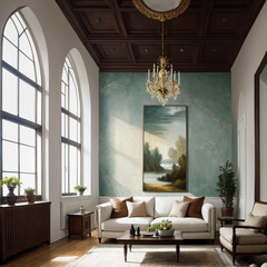 living room interior, fancy scene with decor and chandelier