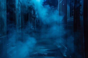 eerie deserted street shrouded in swirling blue smoke dimly lit alleyway with ominous atmosphere copy space