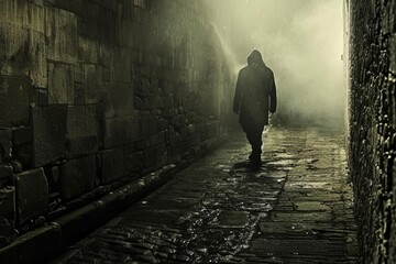 Obraz premium A dark and mysterious figure walks down a cobblestone street.
