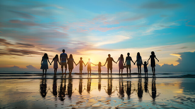 Silhouette beach and big family holding hands in sunset on a holiday or vacation at sea or ocean together Travel love or shadow of people at sunrise in support freedom and bonding by w : Generative AI