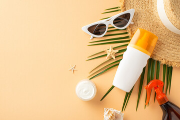 Sun-kissed essentials on a pastel orange canvas: top view of SPF bottles, straw hat, shades,...