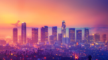 Obraz premium the skyline of los angeles during sunset : Generative AI