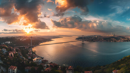 Awesome Panoramic view of Istanbul Bosphorus on sunset Istanbul Bosphorus Bridge 15 July Martyrs Bridge Turkish 15 Temmuz Sehitler Koprusu Beautiful landscape Turkey : Generative AI