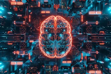 An illustration of a glowing orange and blue brain made of electronic components on a circuit board