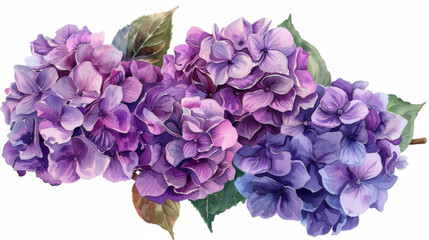 Fototapeta premium Artistic watercolor illustration of vibrant purple hydrangeas with lush green leaves on a white background.