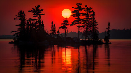 The Sun Setting Behind Silhouetted Pine Trees on Knife Lake in the Boundary Waters Canoe Area in Minnesota : Generative AI