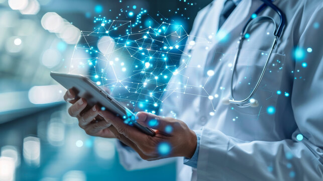 Female doctor using a digital tablet with futuristic healthcare data overlay in hospital. - Powered by Adobe
