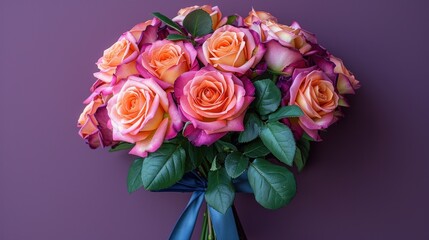 Fototapeta premium Bouquet of flowers with blue rope on purple background