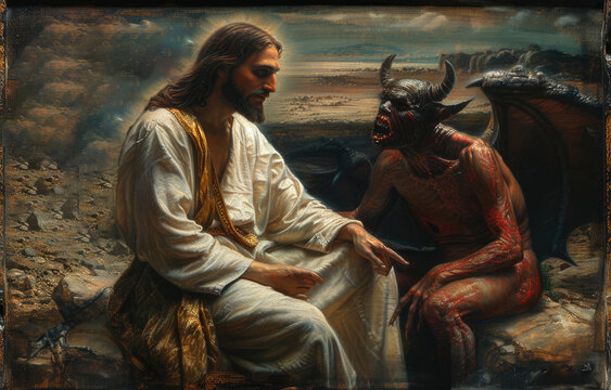 The temptation of Christ: a unique New Testament narrative recounting Jesus dialogue with the devil during his forty-day fast in the desert, symbolising spiritual trial and triumph.
