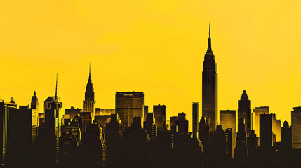 New York City skyline buildings form silhouette shapes against the yellow background sky in Manhattan : Generative AI