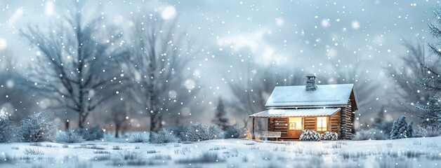 Winter Solitude: A Cozy Rural Cabin Amidst a Snowy Landscape
