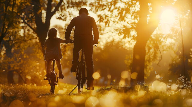 dad teaches daughter to ride a bike happy family childhood dream concept father and little daughter learn to ride bike silhouette in the park happy family goes in for sunlight sports o : Generative AI