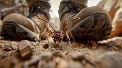 ant under a human with shoes on the ground. concept animals, ants, small