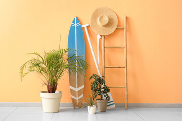 Surfboard with plants and ladder near yellow wall in room