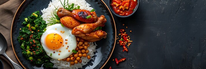 Malaysian Nasi Lemak with Ayam Goreng, fresh foods in minimal style