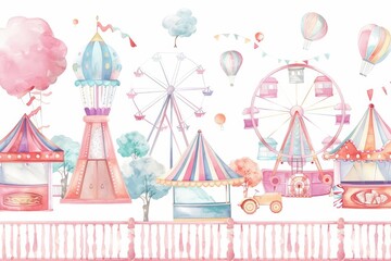 Naklejka premium A cute watercolor of a colorful carnival with rides, games, and cotton candy stands, Clipart isolated on white
