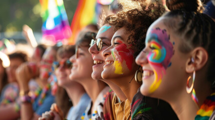 A diverse audience with pride-themed face paint watching a concert