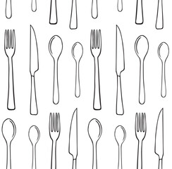 Vector seamless pattern of hand drawn doodle sketch outline cutlery isolated on white background