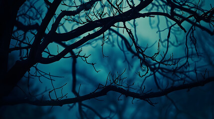 Leafless Oak tree branches silhouette Black and blue Natural oak tree branches silhouette on a blue background Silhouettes of a dark gloomy forest with textured trees Gothic background : Generative AI