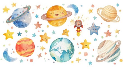 A kawaii watercolor of cartoon planets and stars having a space race, Clipart isolated on white