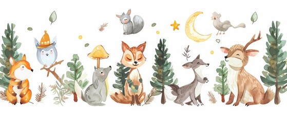 A kawaii watercolor of enchanted forest creatures having a moonlight dance, Clipart isolated on white