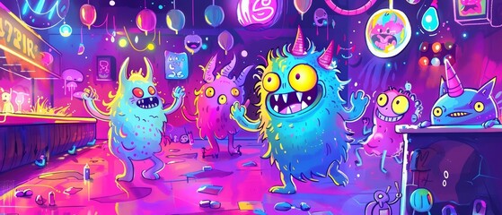A kawaii watercolor of friendly monsters having a danceoff in a neonlit club, Clipart isolated on white