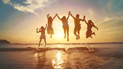 Happy asian family jumping together on the beach in holiday Silhouette of the family holding hands enjoying the sunset on the  beachHappy family travel and vacations concept : Generative AI
