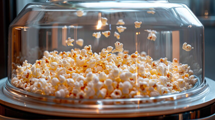 A closer look at the clear plastic dome showing the kernels inside bouncing around and transforming into popped corn.