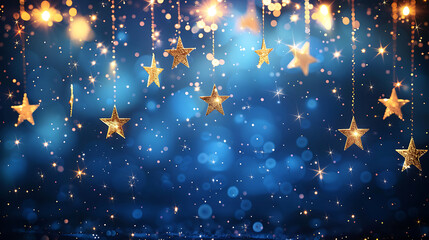 Golden stars hanging against a sparkling blue background, festive and celebration themes