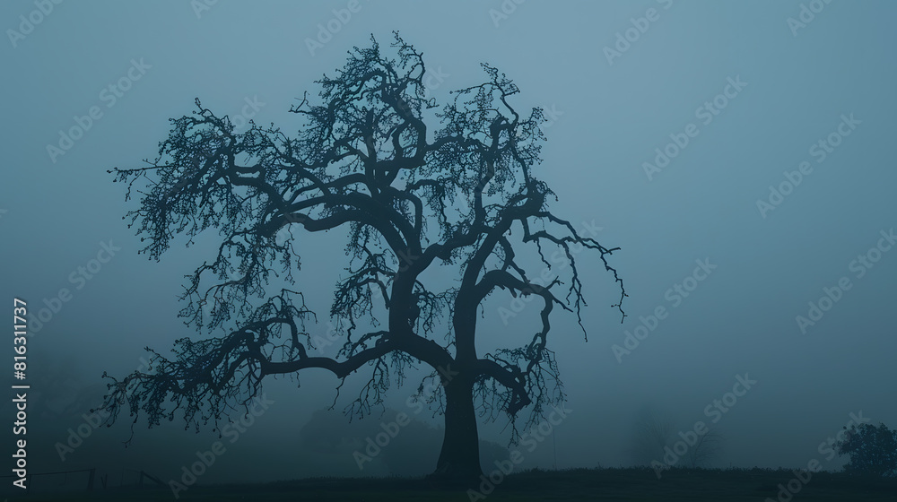 Poster silhouette of a bare almond tree on a foggy overcast day creates a moody and ominous atmosphere : ge