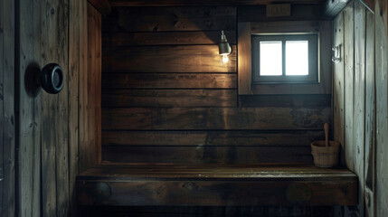 Thick wooden walls and a small window give the sauna a cozy and intimate feel.