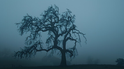 Silhouette of a bare Almond tree on a foggy overcast day creates a moody and ominous atmosphere : Generative AI