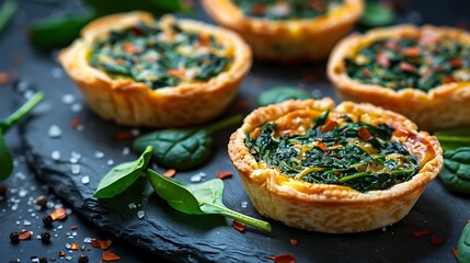 Mini quiches with spinach and gruyere cheese, fresh foods in minimal style