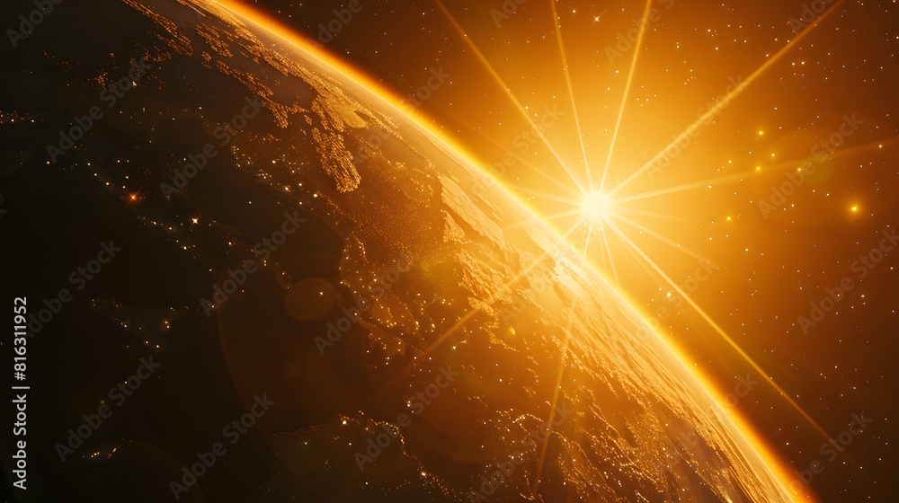 Poster planet earth dawn sunset from space silhouette planet earth in rays of sun against background of spa