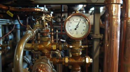 A steam pressure gauge measuring the intensity of the steam being produced with a dial ranging from low to high.