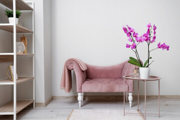 Interior of living room with pink armchair and orchid flower on table